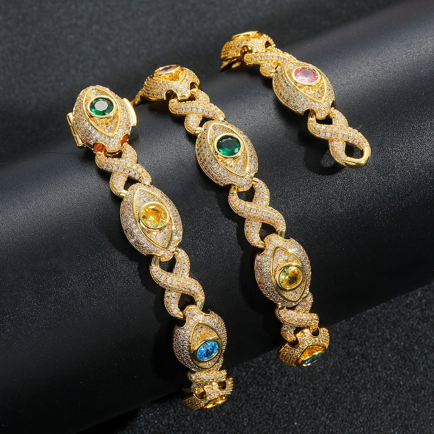 14MM Gold Evil Eye Bracelet - Multicolor Stone Eyes