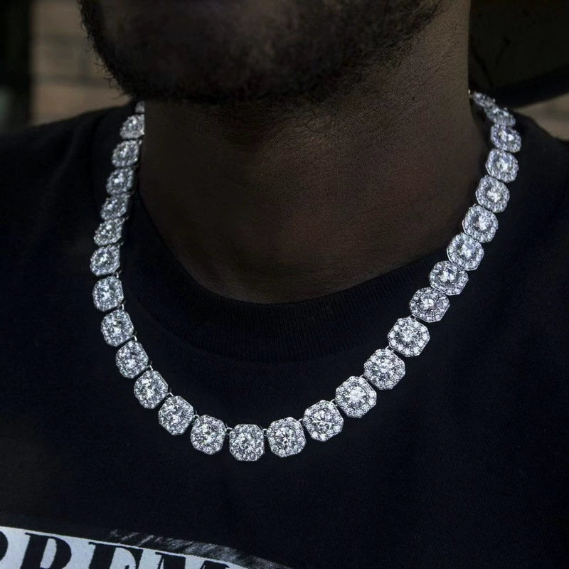 10MM white gold tennis chain worn around the neck over a black shirt