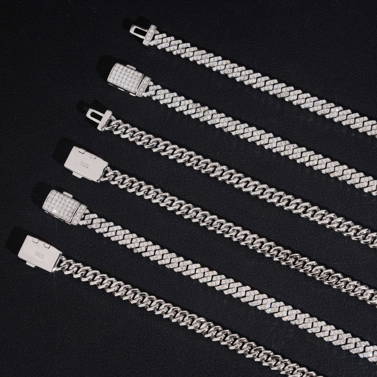 Five 5MM moissanite Cuban link chains placed side by side