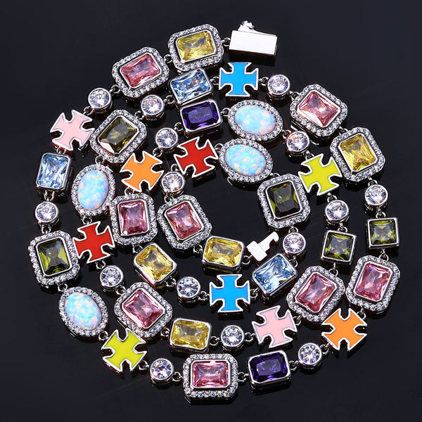 10MM White Gold Cross Link Chain - Iced Opal Gemstone Charms