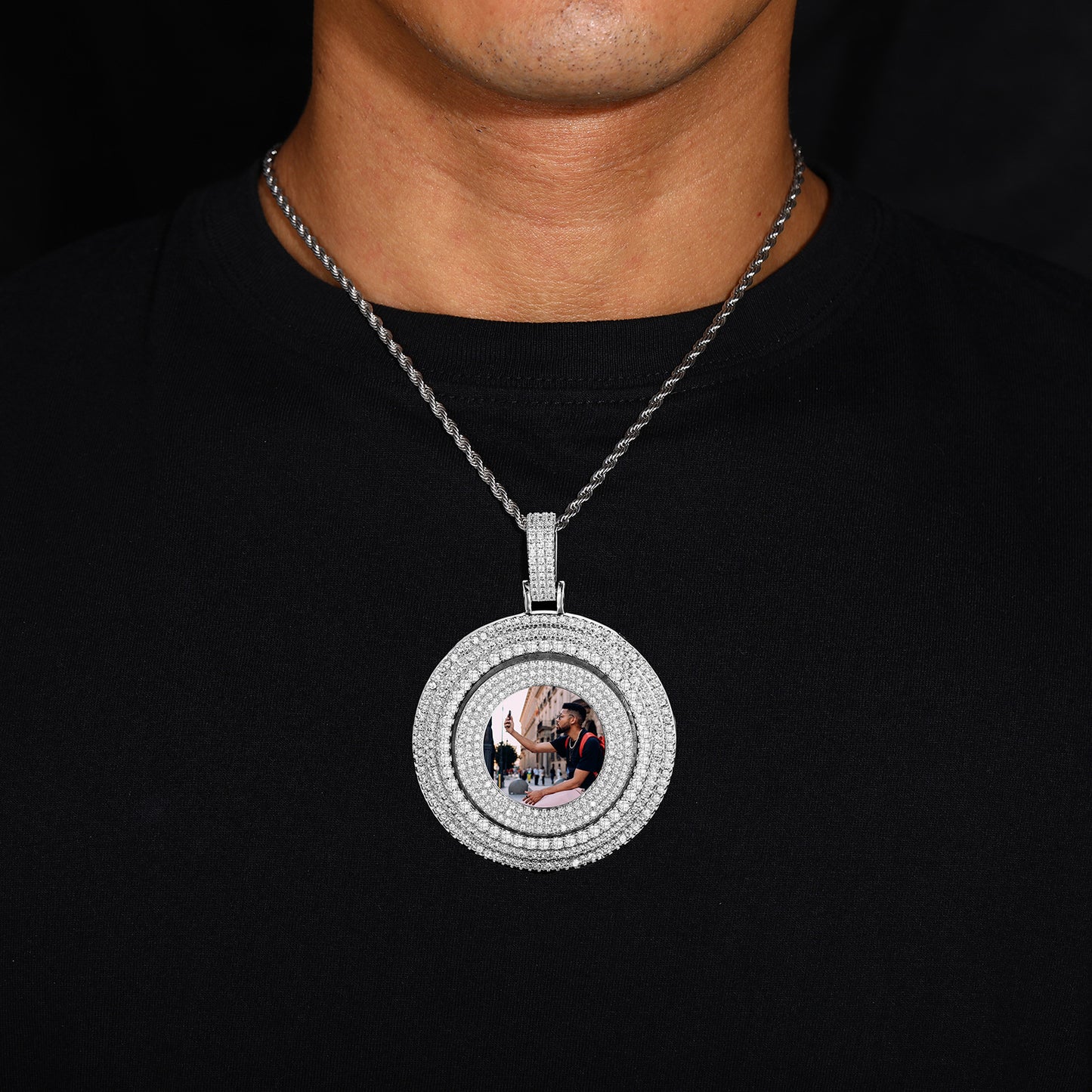 White Gold Picture Pendant - Heavyweight Rotating Photo Disc