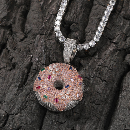 White Gold Donut Pendant - Multicolor Stone Sprinkles