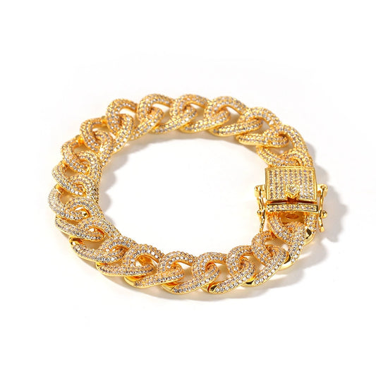 12MM Gold Cuban Link Bracelet - Half-Pavé Wave Links