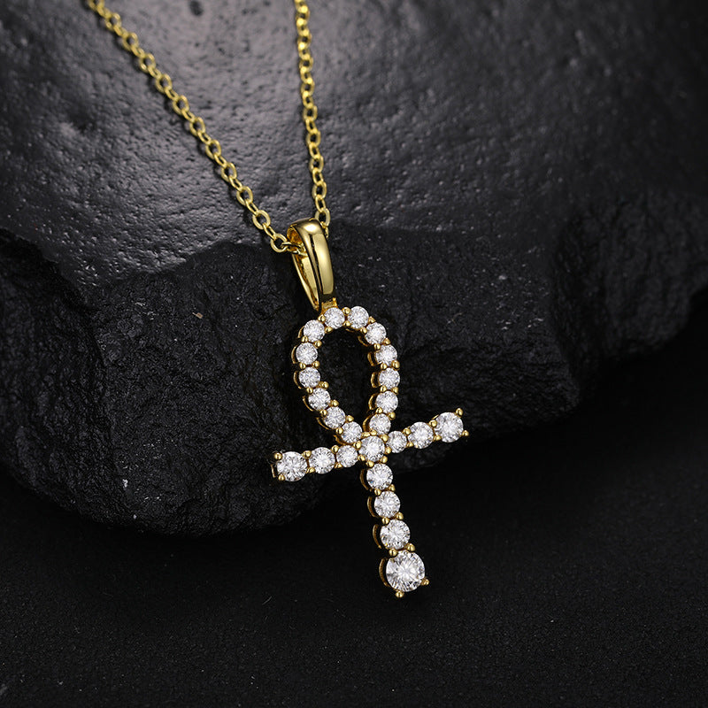 Gold Moissanite Pendant - S925 Iced Ankh Cross
