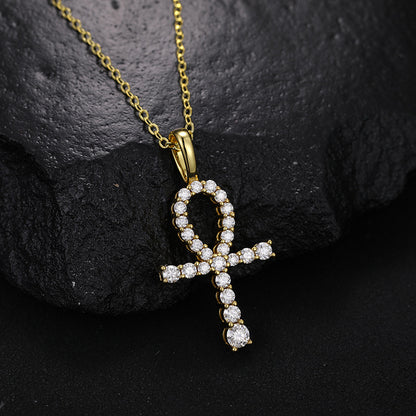 Gold Moissanite Pendant - S925 Iced Ankh Cross