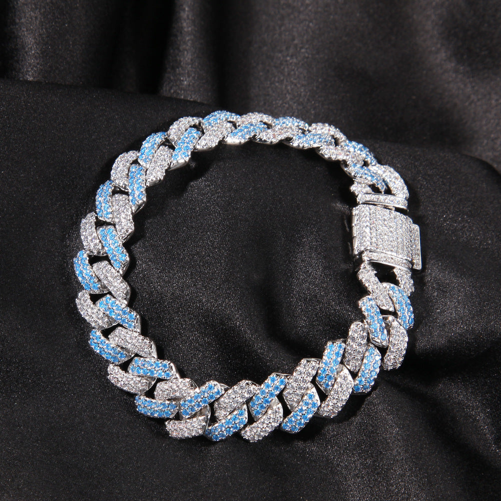 13MM White Gold Cuban Link Bracelet - Blue Split Pavé