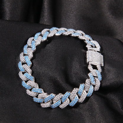13MM White Gold Cuban Link Bracelet - Blue Split Pavé