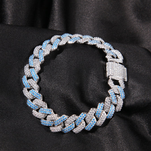 13MM White Gold Cuban Link Bracelet - Blue Split Pavé