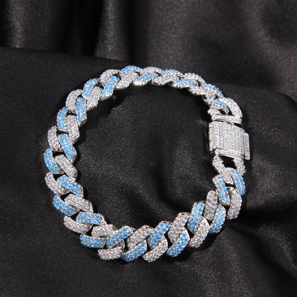 13MM White Gold Cuban Link Bracelet - Blue Split Pavé