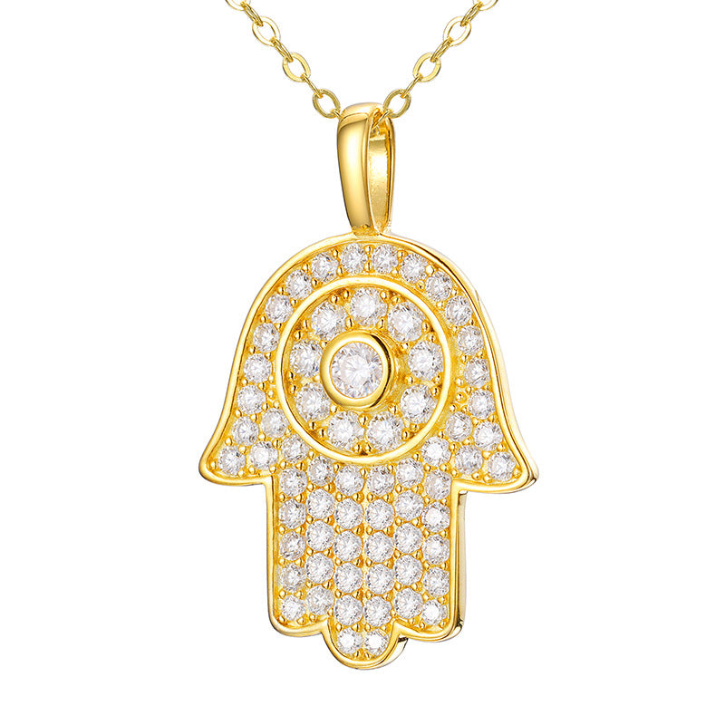 Moissanite Hamsa Pendant - Gold S925 Circular Halo