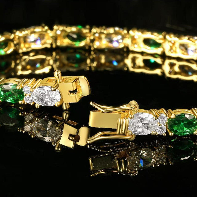 5MM Gold Tennis Bracelet - Emerald & Clear Oval Stones