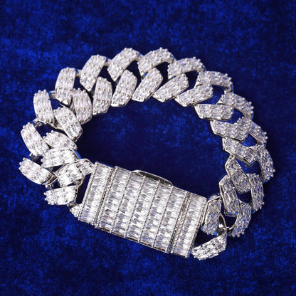 16MM White Gold Cuban Link Bracelet - Triple-Row Baguette Rails