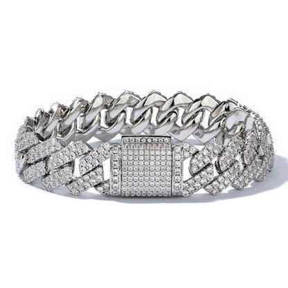 14MM White Gold Cuban Link Bracelet - Silver Slash Pavé Links