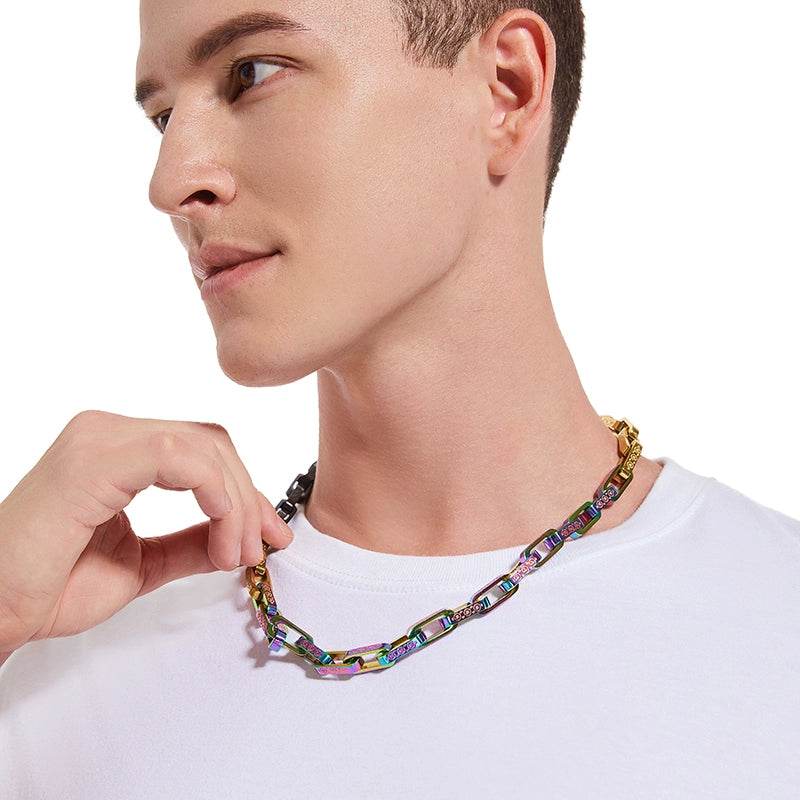 chain worn around the neck against a white background
