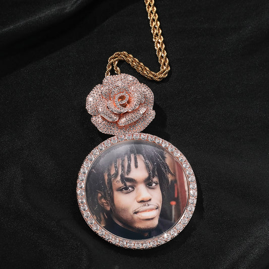 Rose Gold Custom Photo Pendant - Iced Out Rose Medallion