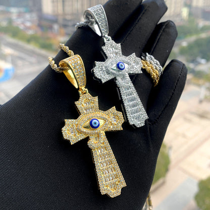 White Gold Cross Pendant - Iced Out Evil Eye Cross