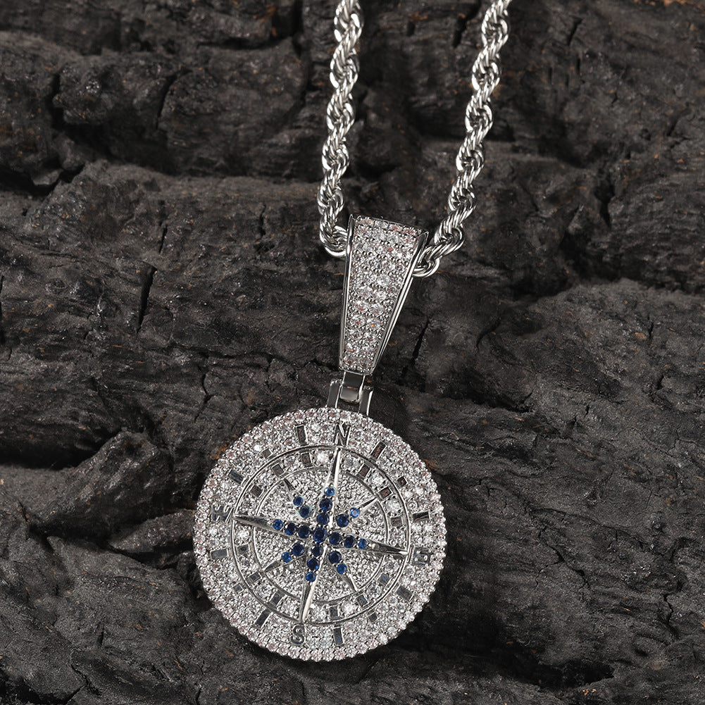 White Gold Compass Pendant - Blue Star Roman Medallion