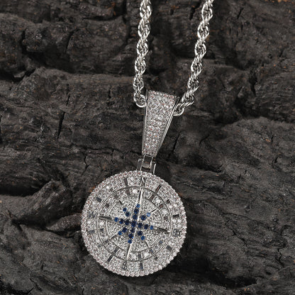 White Gold Compass Pendant - Blue Star Roman Medallion