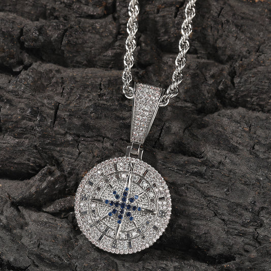 White Gold Compass Pendant - Blue Star Roman Medallion