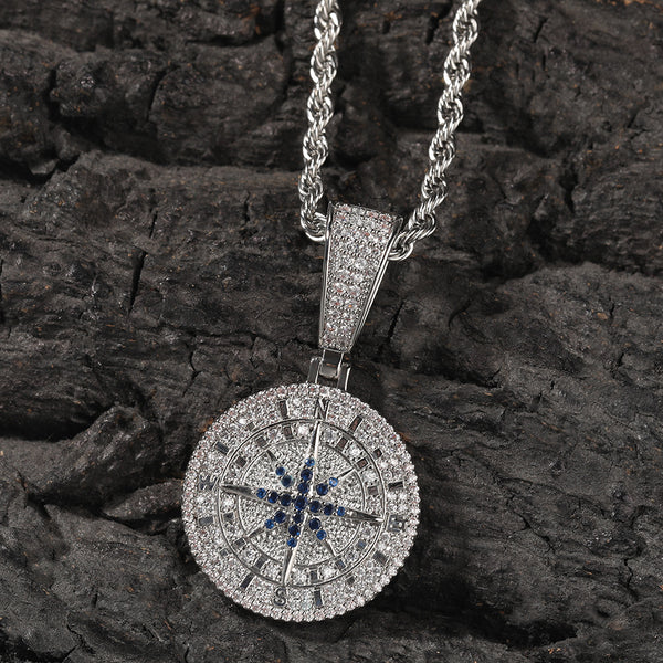 White Gold Compass Pendant - Blue Star Roman Medallion