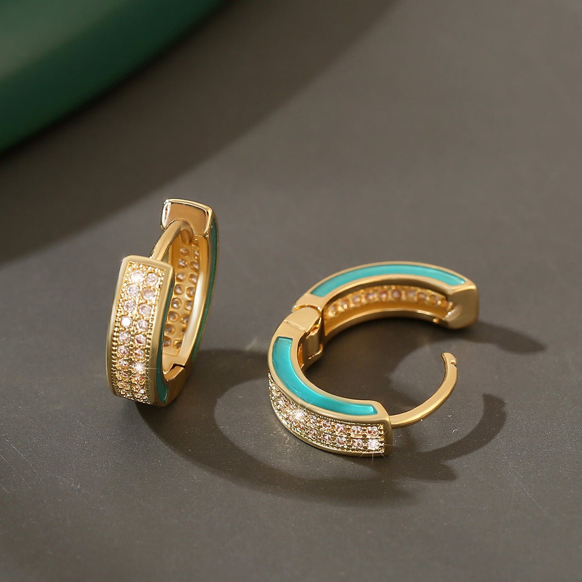 Gold Hoop Earrings - Luminous Aqua Enamel