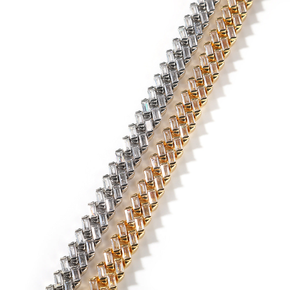 Two Miami Cuban link chains arranged in parallel against a white background
