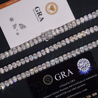 Stacked 7MM moissanite tennis chain displayed with GRA certification cards