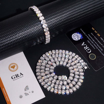 7MM moissanite tennis chain curved on a black GRA display card