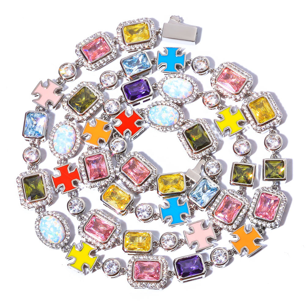 10MM White Gold Cross Link Chain - Iced Opal Gemstone Charms