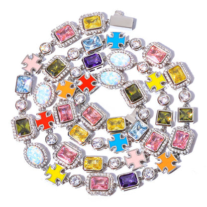 10MM White Gold Cross Link Chain - Iced Opal Gemstone Charms