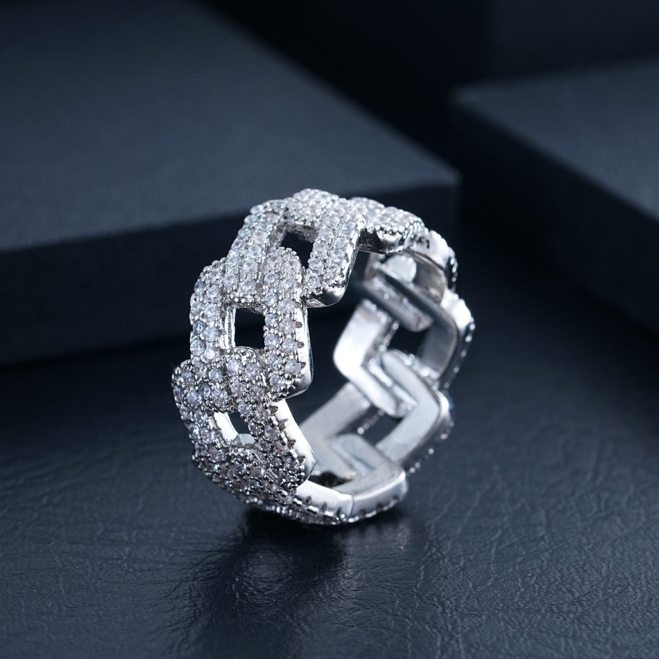 White Gold Cuban Link Ring - Iced Open Square Links