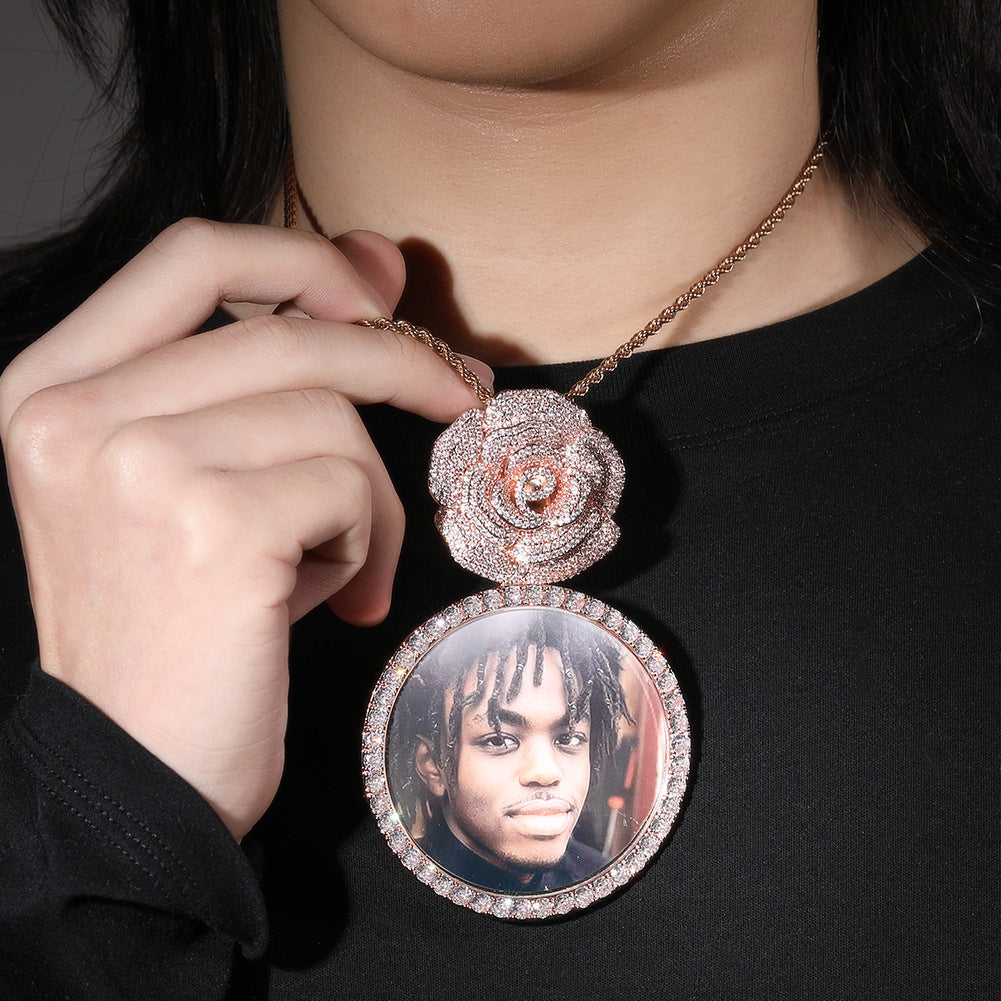 Rose Gold Custom Photo Pendant - Iced Out Rose Medallion