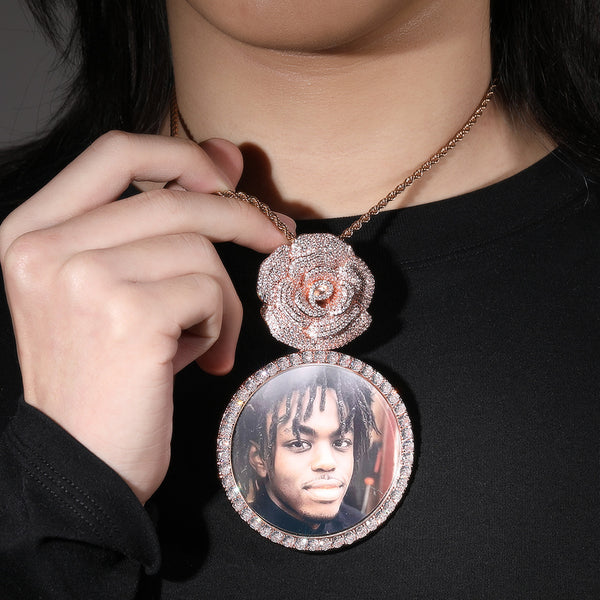 Rose Gold Custom Photo Pendant - Iced Out Rose Medallion