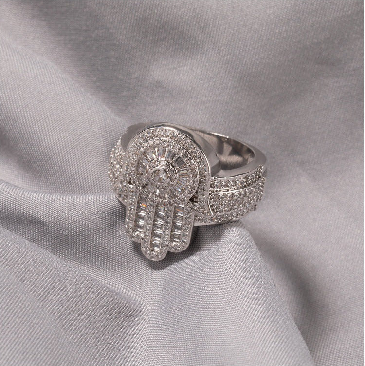 White Gold Hamsa Ring - Baguette Evil Eye Halo