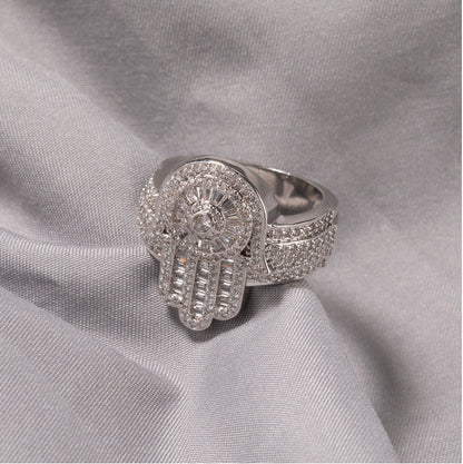 White Gold Hamsa Ring - Baguette Evil Eye Halo