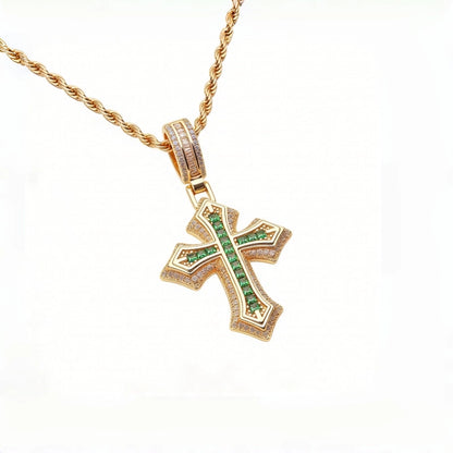 Gold Cross Pendant - Green Stone Flared Cross