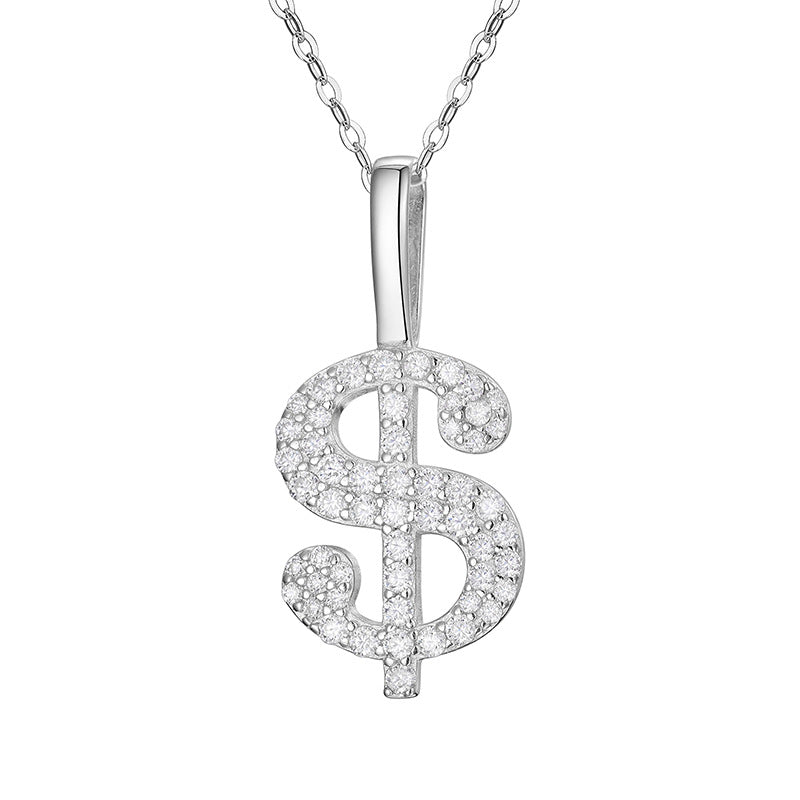 White Gold Moissanite Pendant - S925 Iced Dollar Sign