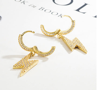 Gold Hoop Earrings - Iced Lightning Bolt Drops
