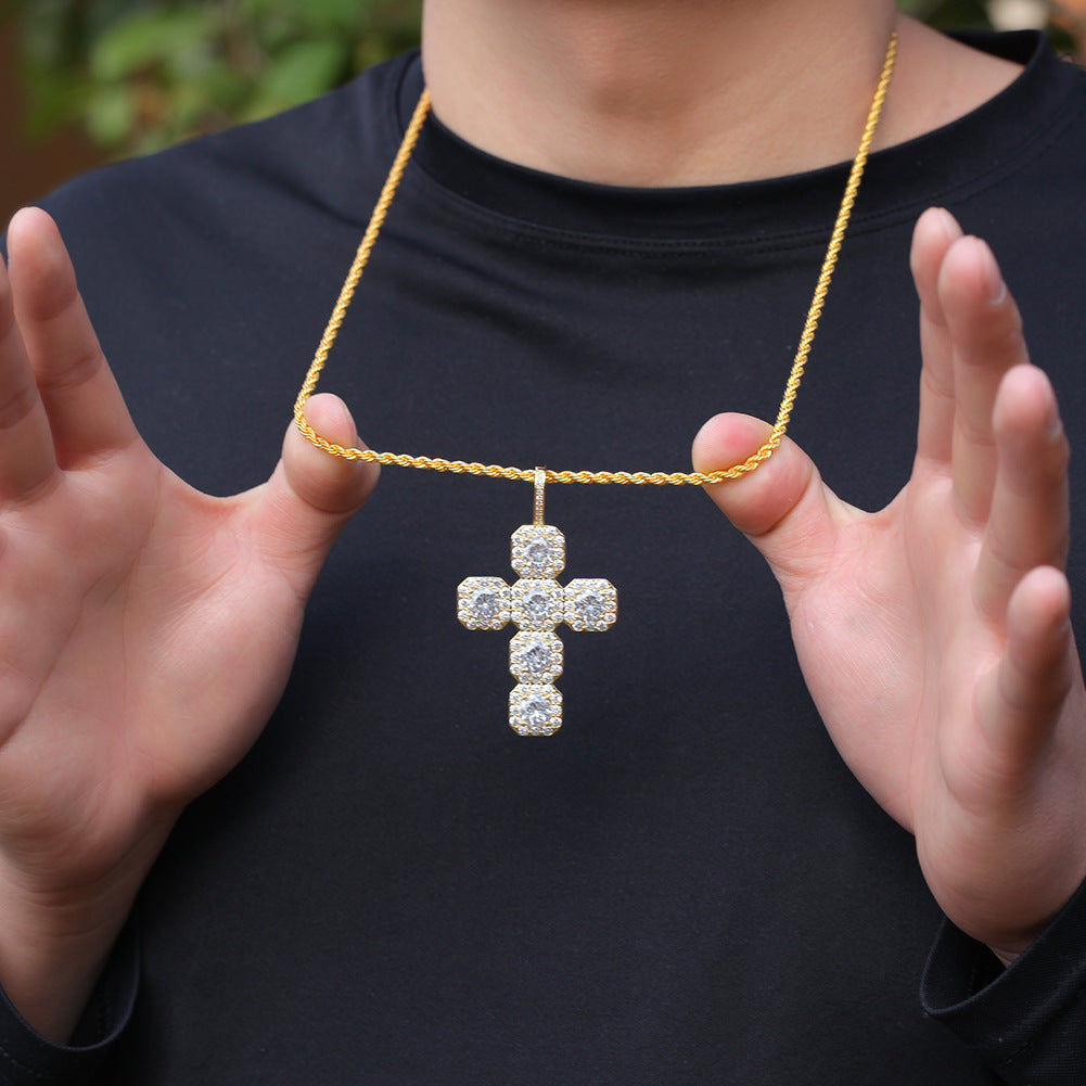 Gold Cross Pendant - Five Stone Halo Cross