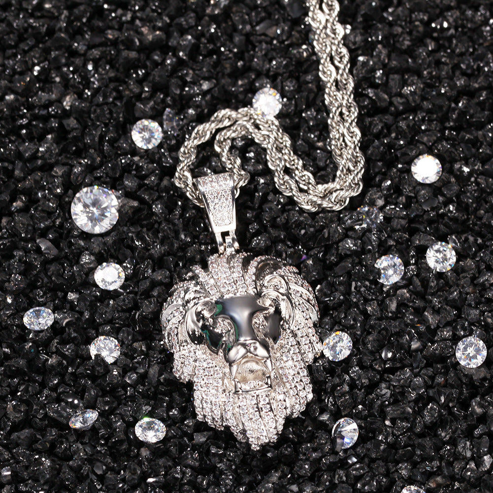 White Gold Lion Pendant - Iced Mane Sculpted Face