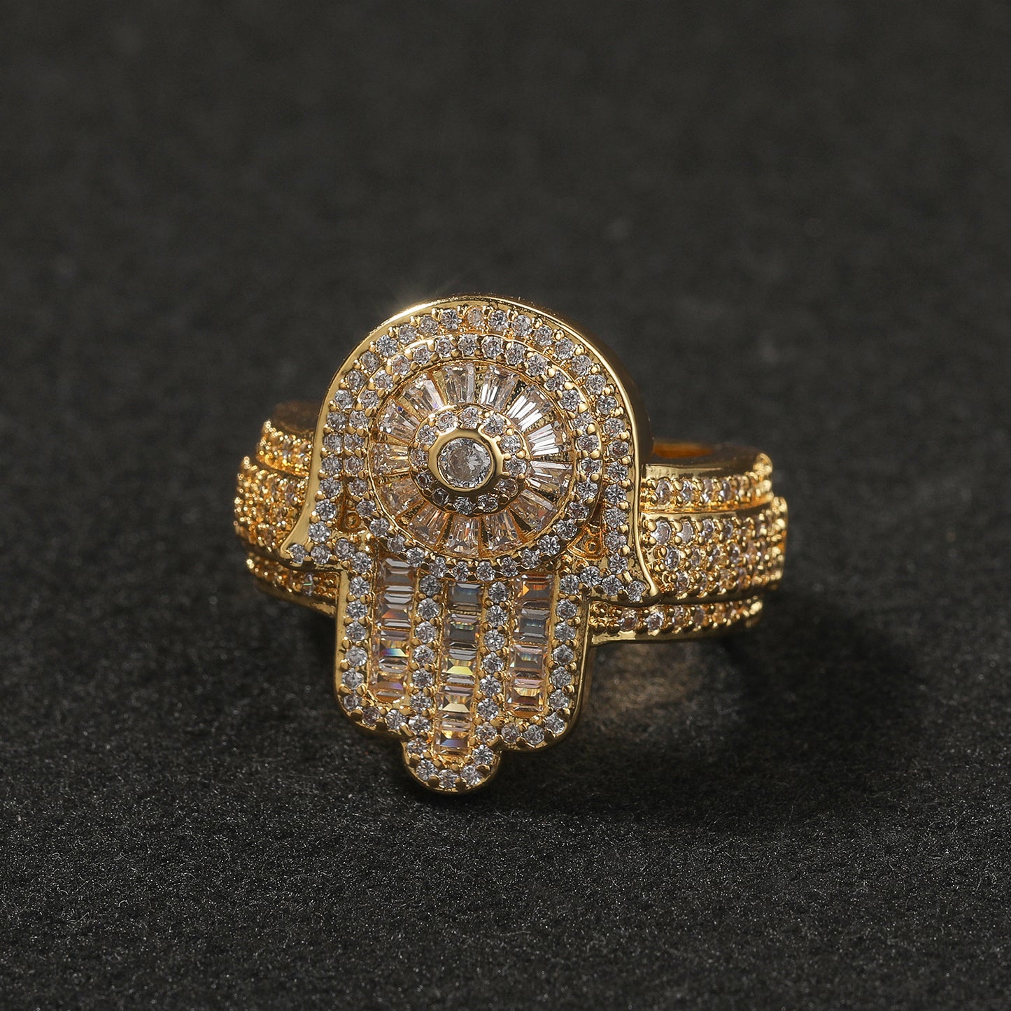 Gold Hamsa Ring - Baguette Evil Eye Halo