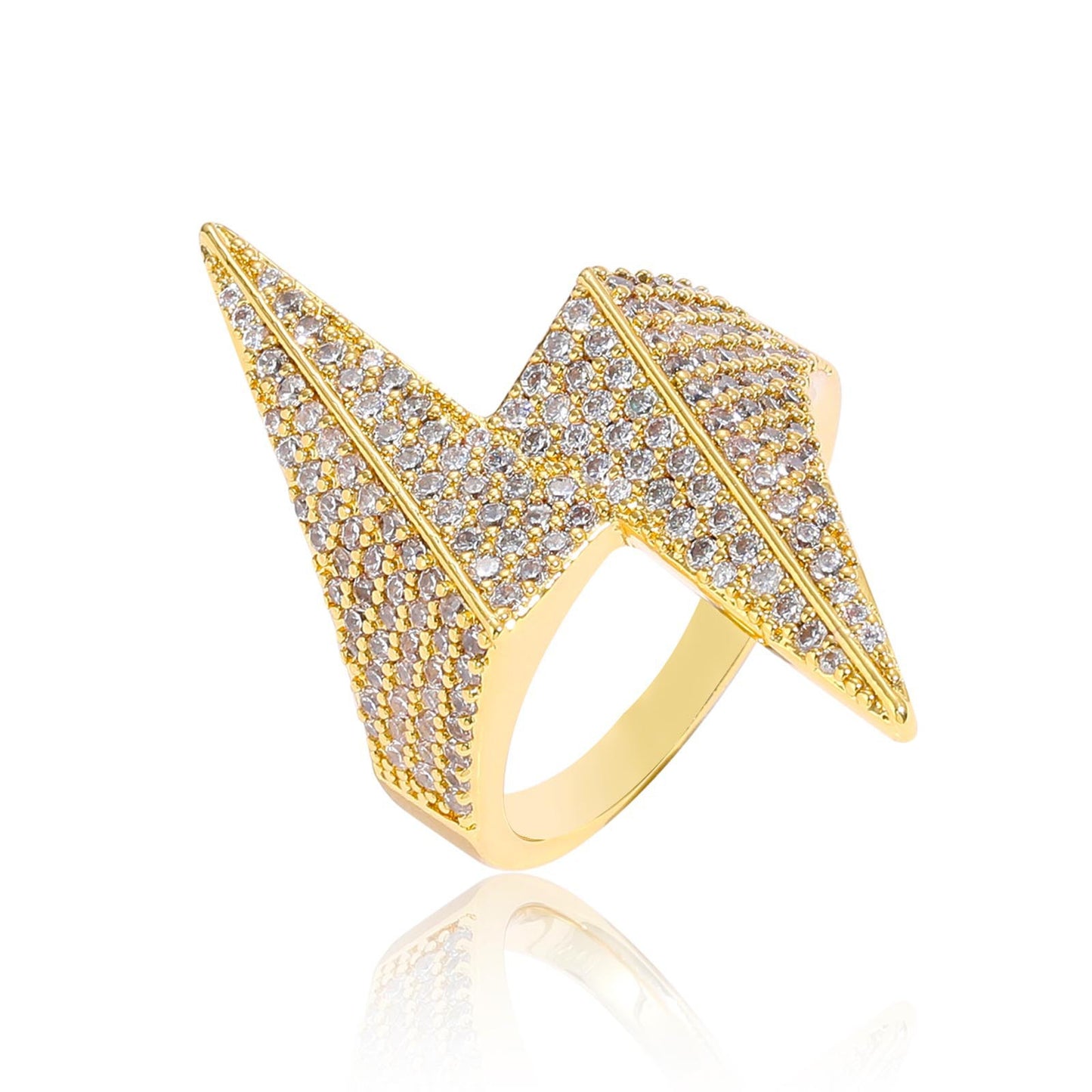 Gold Lightning Bolt Ring - Double-Layer Iced Bolt
