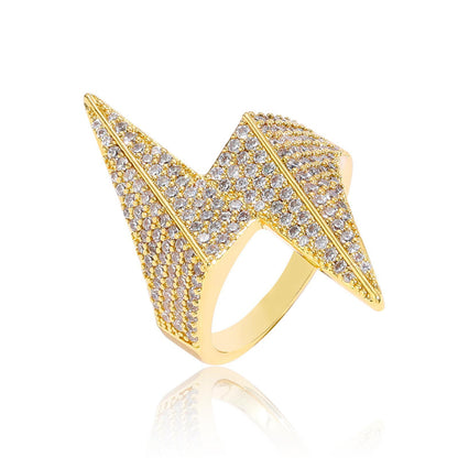 Gold Lightning Bolt Ring - Double-Layer Iced Bolt
