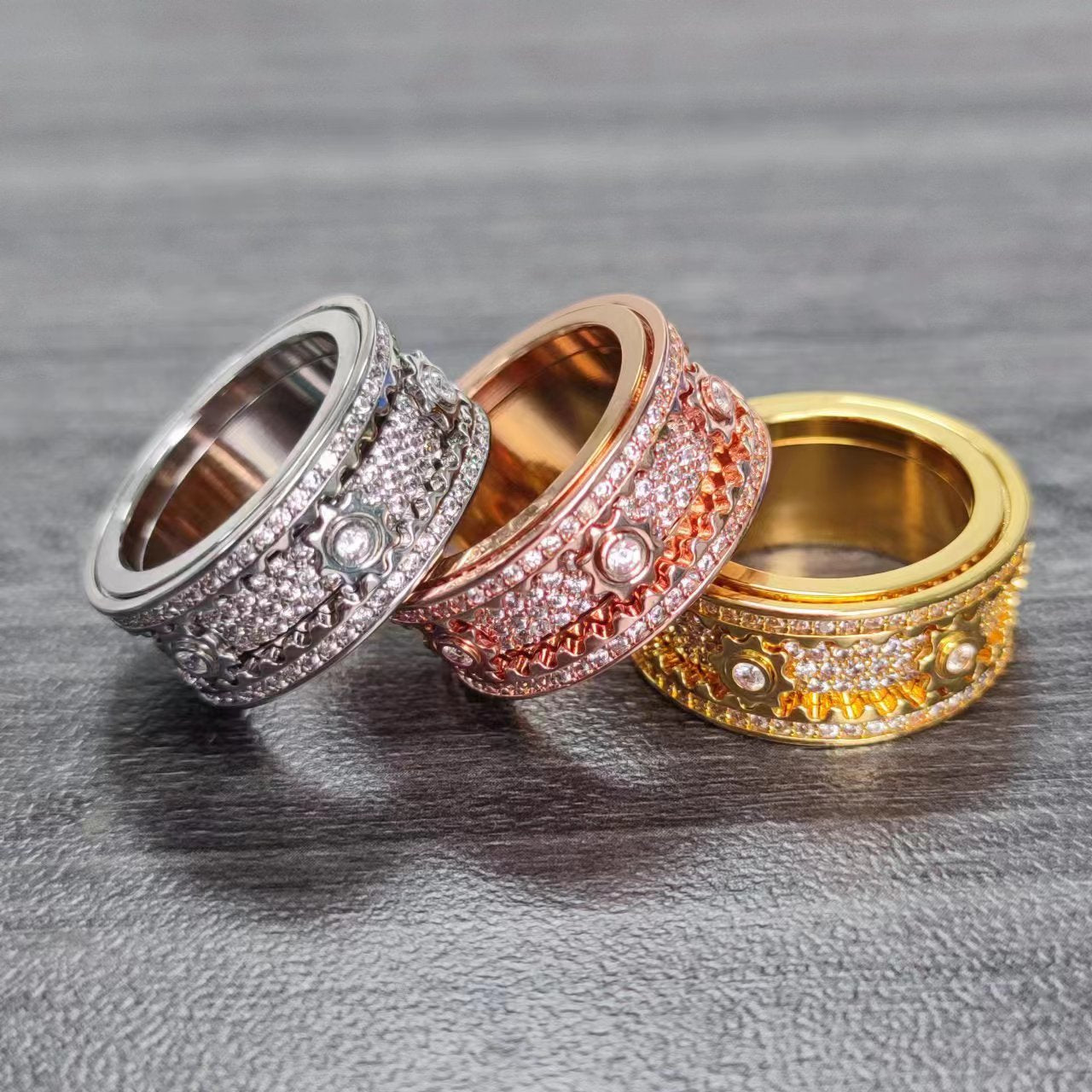 White Gold Spinner Ring - Iced Rotating Gear Center