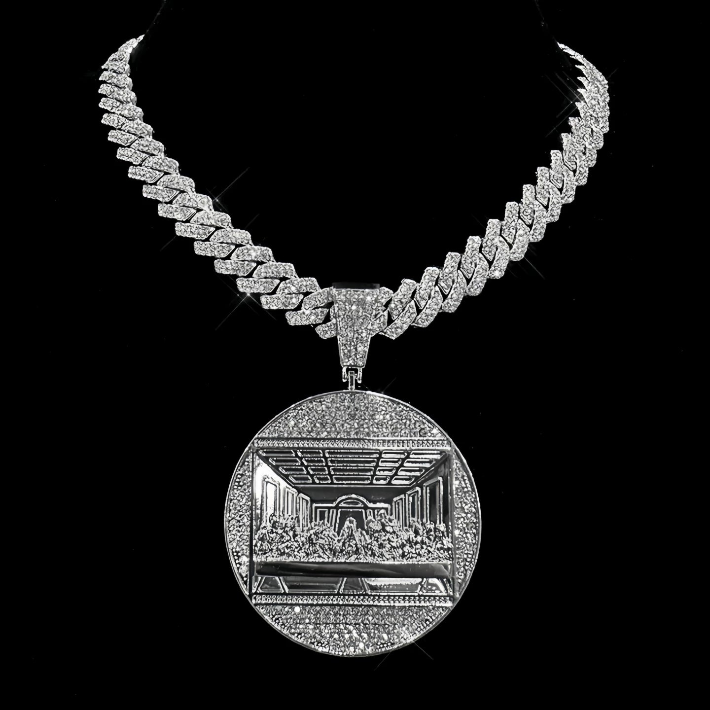 White Gold Jesus Pendant - Iced Last Supper Scene
