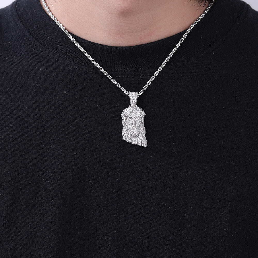 White Gold Jesus Pendant - Mini Crowned Jesus Head