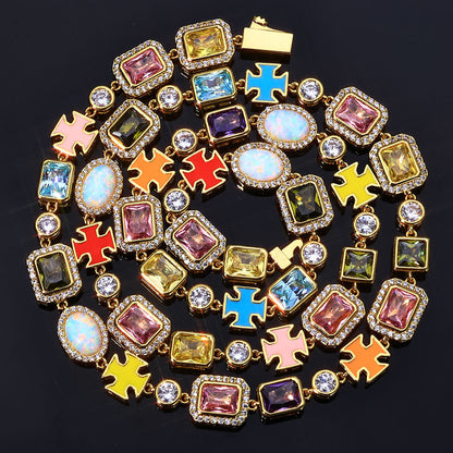 10MM Gold Cross Link Chain - Iced Multi-Color Gemstone Charms