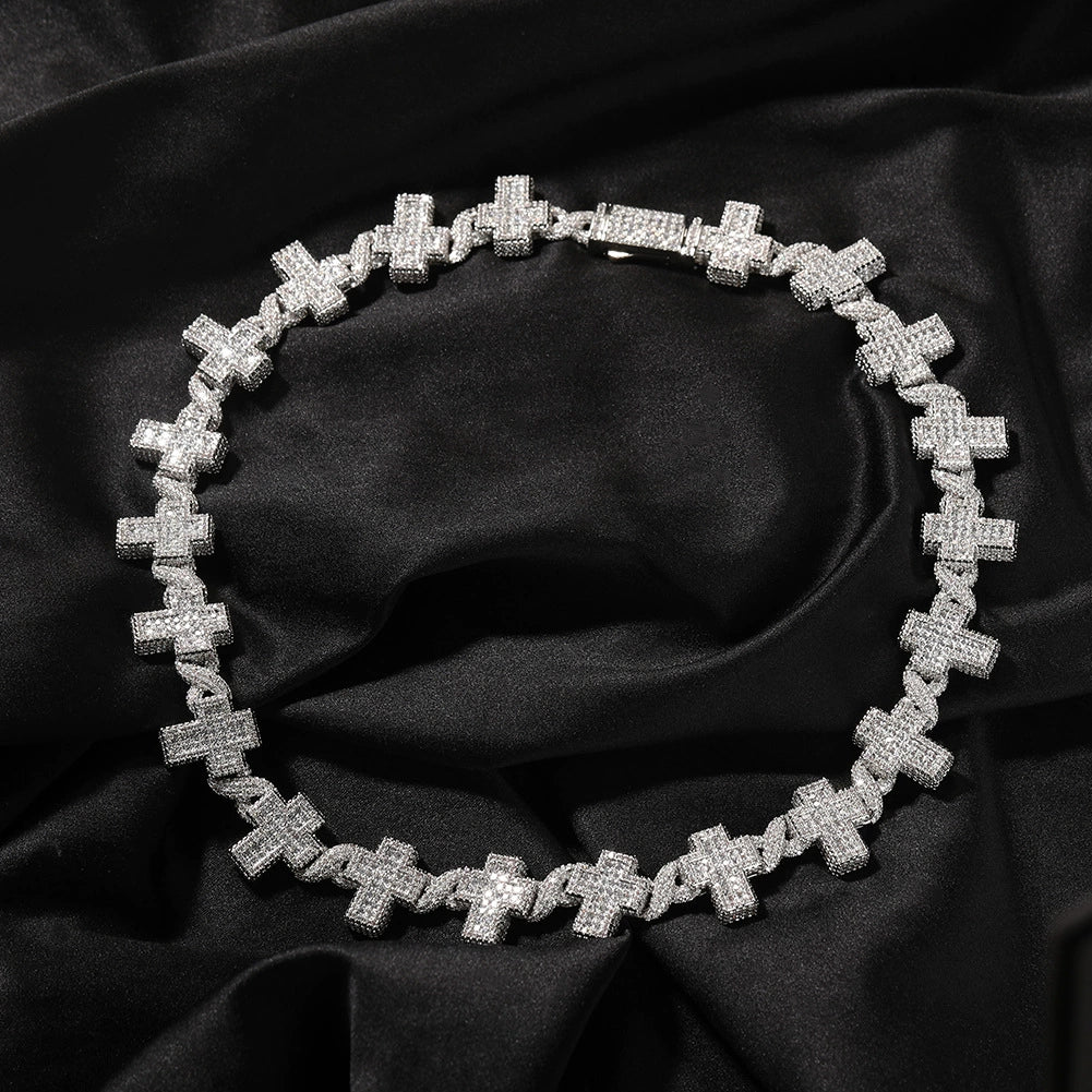 17MM white gold cross link chain displayed in a circular loop with its box clasp visible