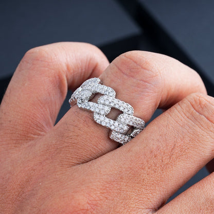 White Gold Cuban Link Ring - Iced Open Square Links