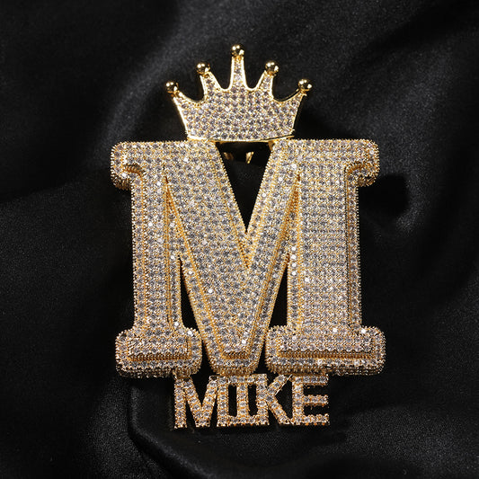Gold Custom Initial Pendant - Iced Out Crown Letter Nameplate